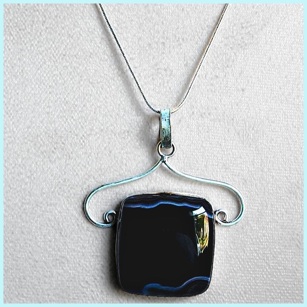 Black Onyx Square Pendant with 18"‎ Sterling Necklace Artisan Crafted NEW